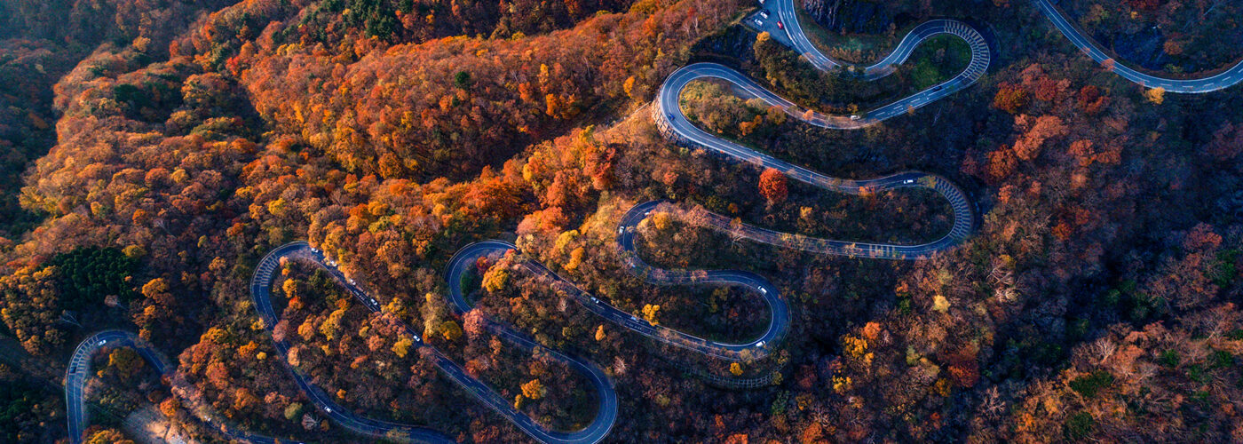 Irohazaka Winding Road in Nikko, Japan, fall foliage.