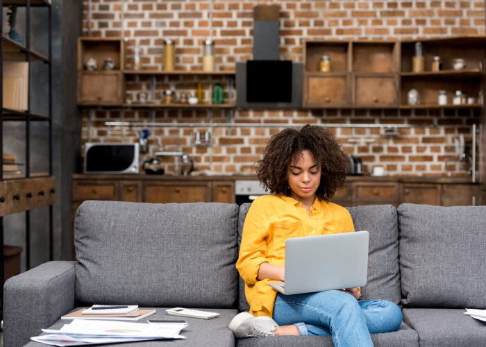 woman at home in work from home outfit