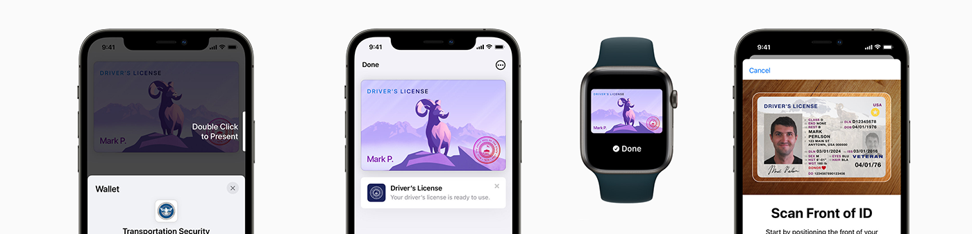 Three phones showing Apple Wallet's new digital license functionality