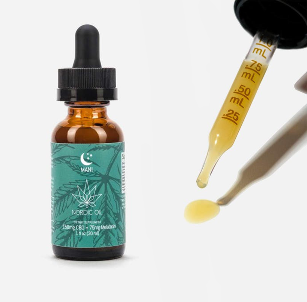 A bottle of CBD oil next to a dropper of CBD oil