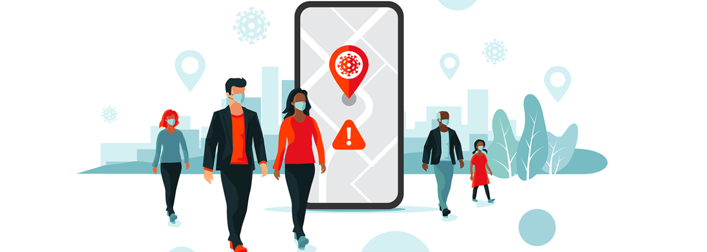 Animated image of pedestrians wearing face masks around a large smartphone showing COVID-19 transmission data