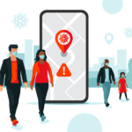 Animated image of pedestrians wearing face masks around a large smartphone showing COVID-19 transmission data