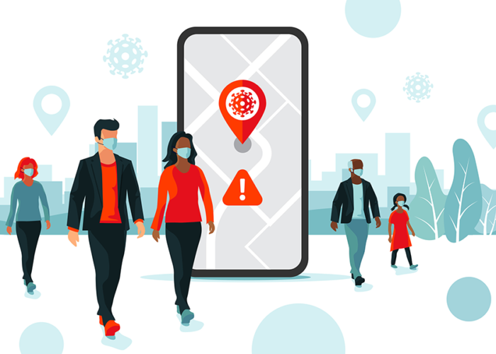 Animated image of pedestrians wearing face masks around a large smartphone showing COVID-19 transmission data